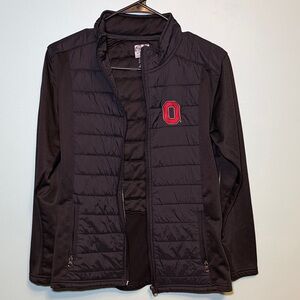 Black Quilted Zip-Up Jacket with Red 'O' Patch